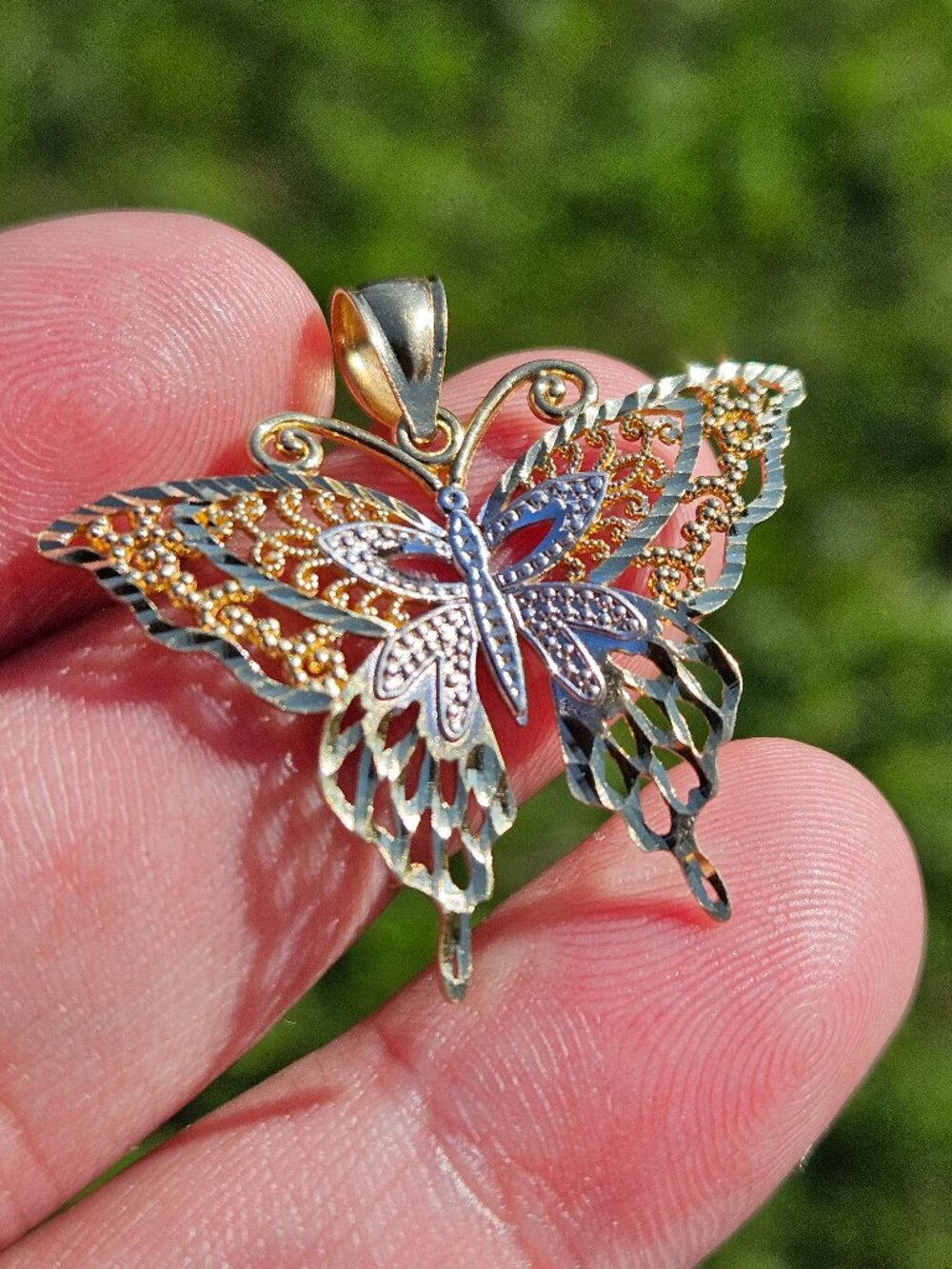 14K Yellow & White Gold Diamond Cut Butterfly Pendant Charm 1.25x1 Inch
